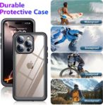 iPhone 16 Pro Max Case Waterproof, Built-in Screen & Camera Protector IP68 Underwater Full Body 16FT Military Dropproof Shockproof Phone Case 6.9"-Black/Clear