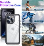 iPhone 16 Pro Case Waterproof, Built-in Screen & Camera Protector IP68 Underwater Full Body 16FT Military Dropproof Shockproof Phone Case 6.3"-Black/Clear