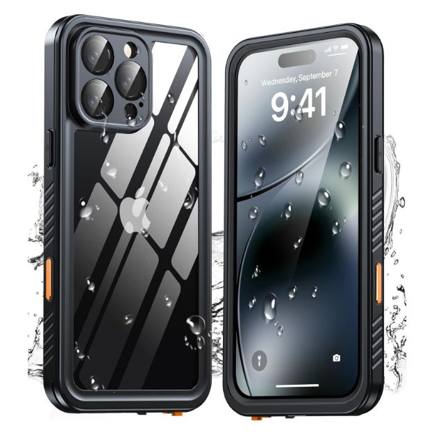 iPhone 16 Pro Max Case Waterproof, Built-in Screen & Camera Protector IP68 Underwater Full Body 16FT Military Dropproof Shockproof Phone Case 6.9"-Black/Clear